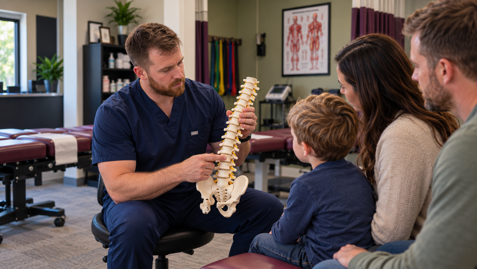 Family speaking with a chiropractor in a warm clinic setting
